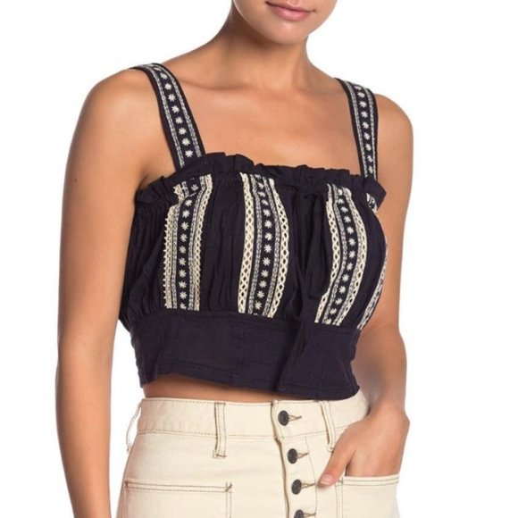 XS NWT Free People Hill Top Crop Embroidered Navy - Picture 2 of 11